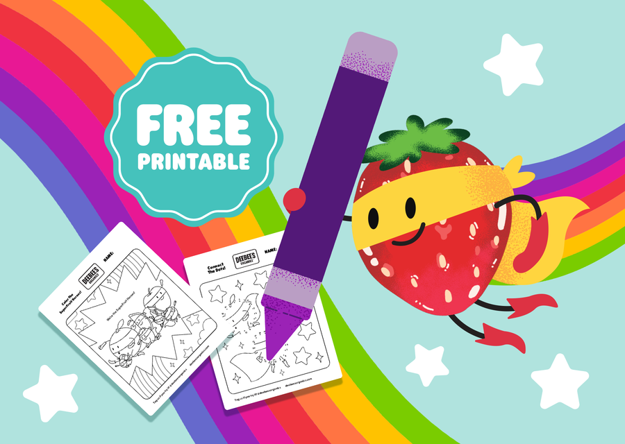 Free SuperFruit® Heroes printable from DeeBee's Organics featuring a superhero strawberry character, rainbow colors, coloring activities, and fruit-themed creative fun for kids.