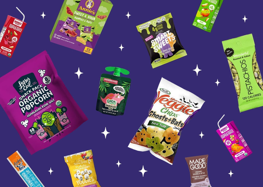 Assortment of non-candy Halloween snacks, treats, and DeeBee's juice boxes displayed on a purple background with star accents.