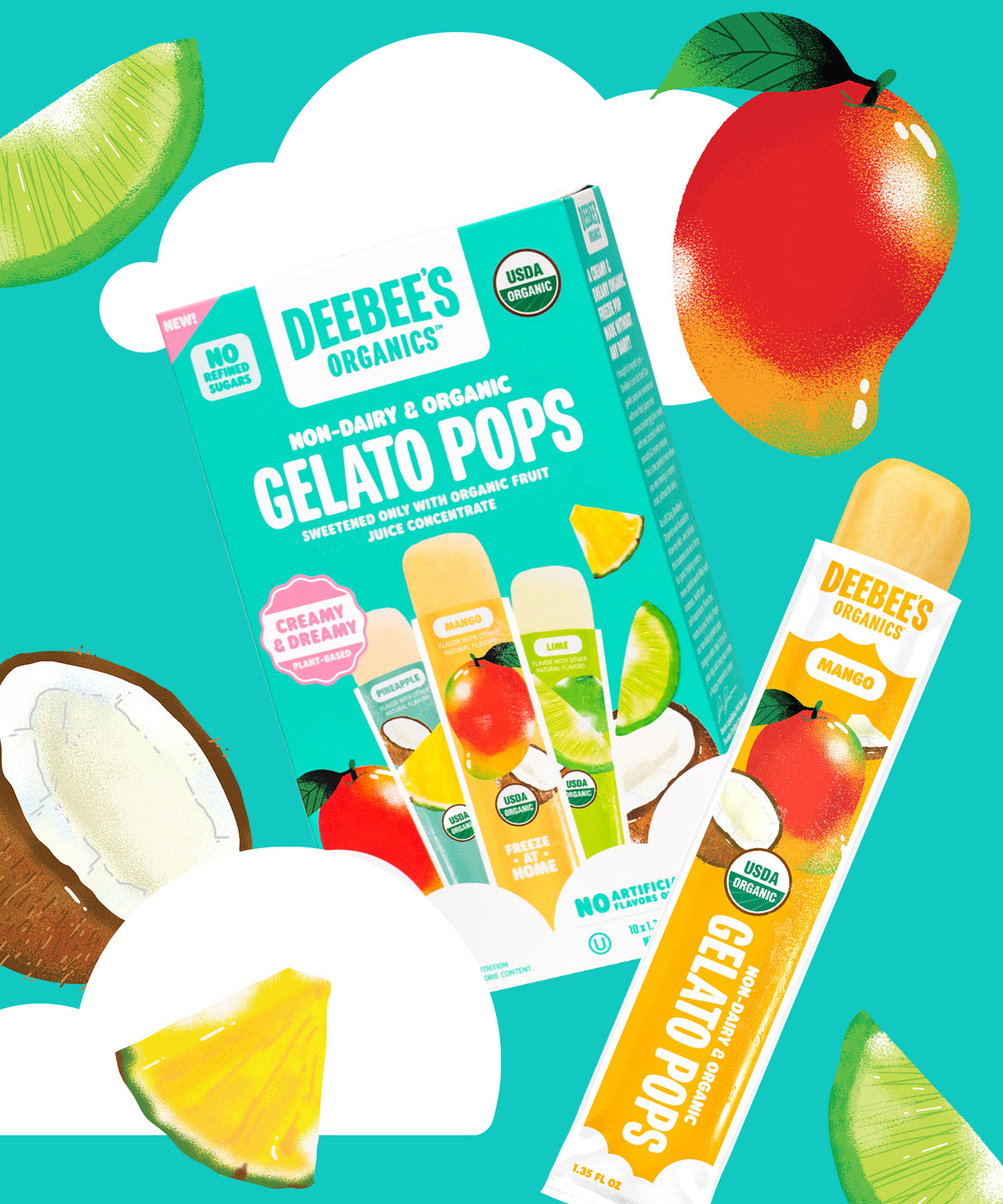 A DeeBees Organics Non-Dairy Gelato Pop box on a teal background surrounded by art of clouds, pineapples, mangoes, limes, and coconuts. A Mango gelato pop is in front of the box.