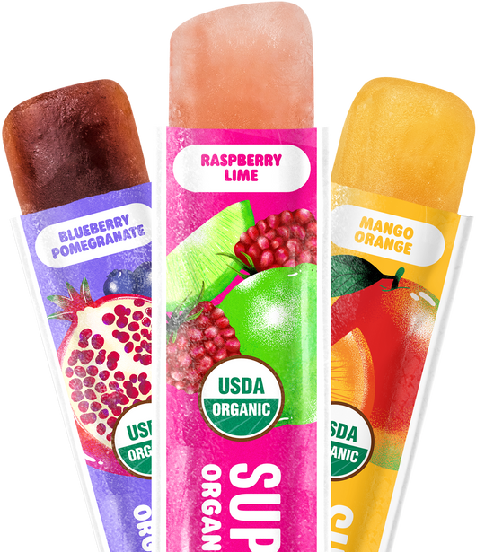 Open DeeBee's Organics Blueberry Pomegranate, Raspberry Lime, and Mango Orange freezie pops